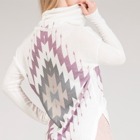 Cowl Turtle Neck Aztec Hi/Lo Sides Sweater - Picture 8 of 8